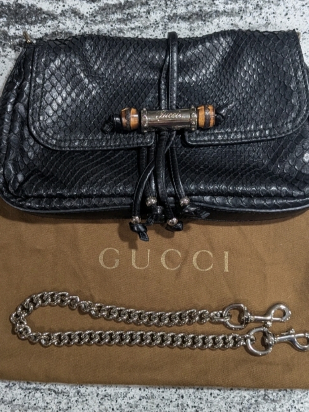 Gucci Black Python Leather Croisette Evening Bag Detachable Chain Strap